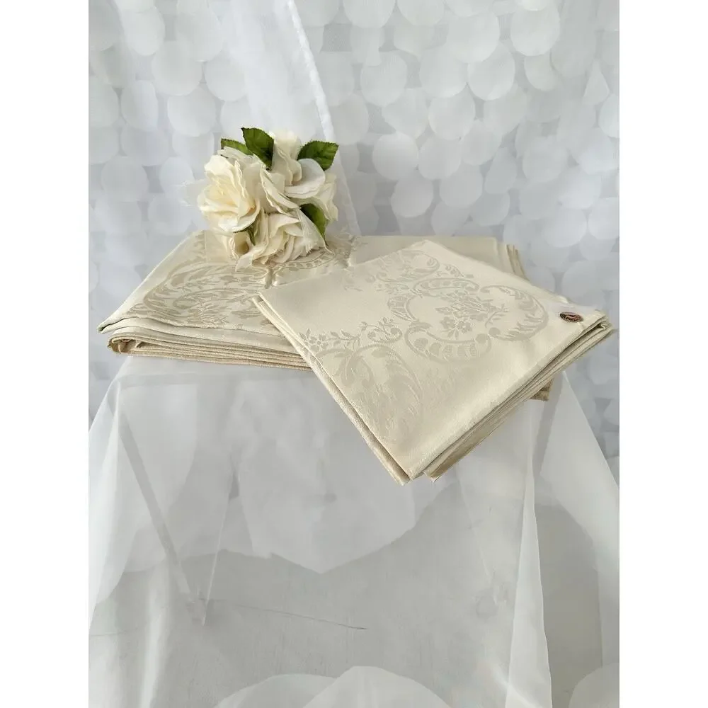 Vtg Beige Linen Double Damask Tablecloth 8 Napkins Floral Garlands Acanthus